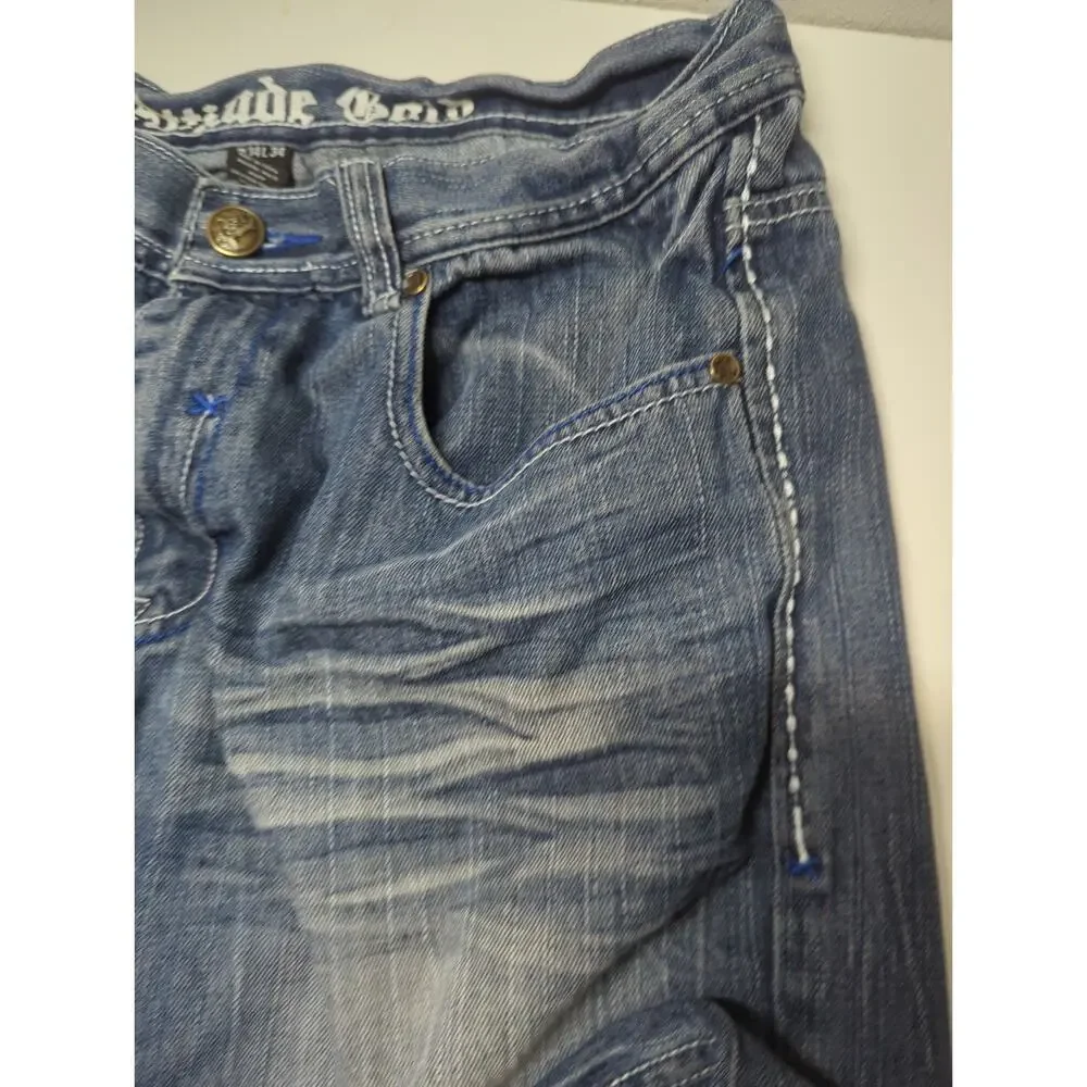 ATTITUDE GOLD Embroidered Fleur De Lis Jeans Mens 34x34 Heavy Stitch DISTRESSED